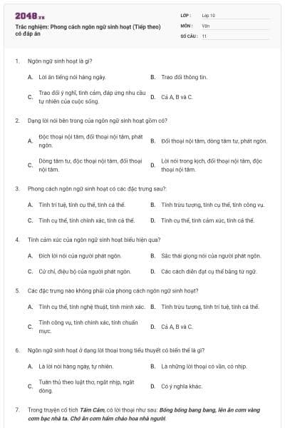 Trắc nghiệm: Phong cách ngôn ngữ sinh hoạt (Tiếp theo) có đáp án