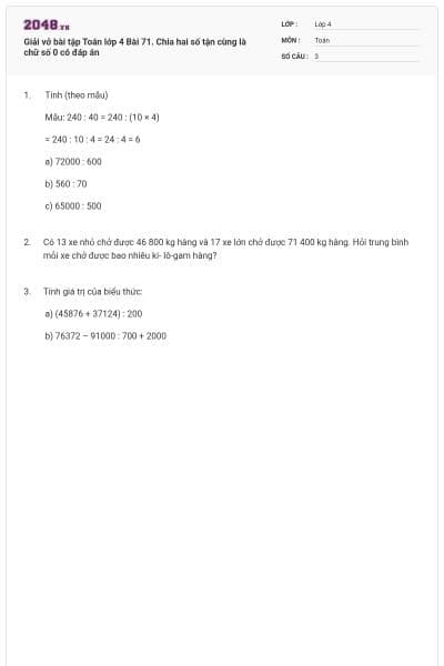 Giải vở bài tập Toán lớp 4 Bài 71. Chia hai số tận cùng là chữ số 0 có đáp án