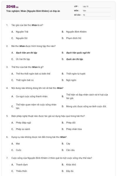 Trắc nghiệm: Nhàn (Nguyễn Bỉnh Khiêm) có đáp án