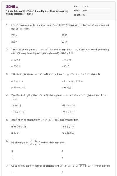 15 câu Trắc nghiệm Toán 10 (có đáp án): Tổng hợp câu hay và khó chương 3 - Phần 1
