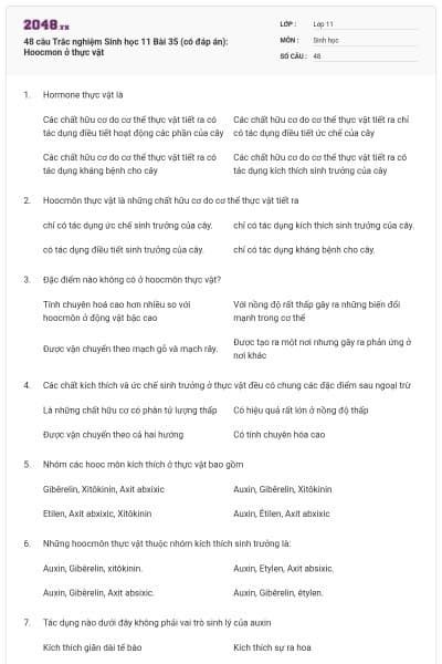 48 câu  Trắc nghiệm Sinh học 11 Bài 35 (có đáp án): Hoocmon ở thực vật
