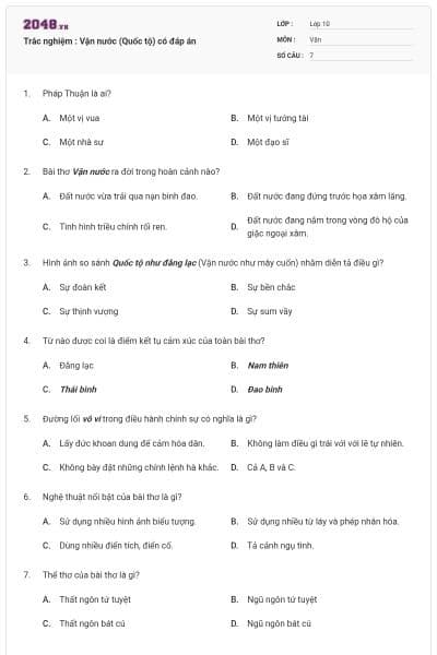 Trắc nghiệm : Vận nước (Quốc tộ) có đáp án