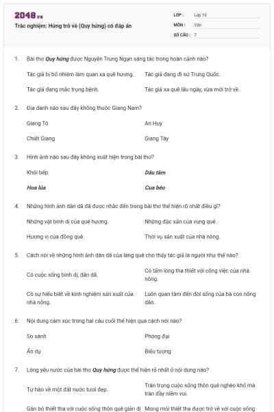 Trắc nghiệm: Hứng trở về (Quy hứng) có đáp án