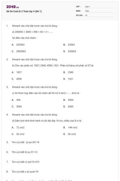 Đề thi Cuối kì 2 Toán lớp 4 (Đề 1)