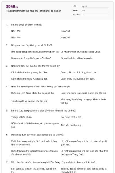 Trắc nghiệm: Cảm xúc mùa thu (Thu hứng) có đáp án