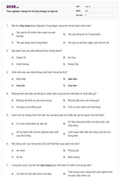 Trắc nghiệm: Hứng trở về (Quy hứng) có đáp án