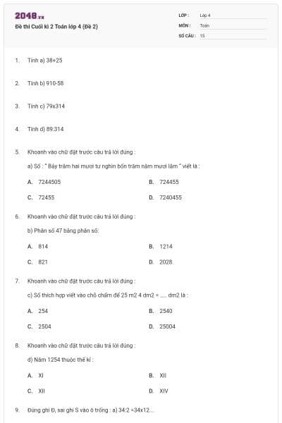 Đề thi Cuối kì 2 Toán lớp 4 (Đề 2)