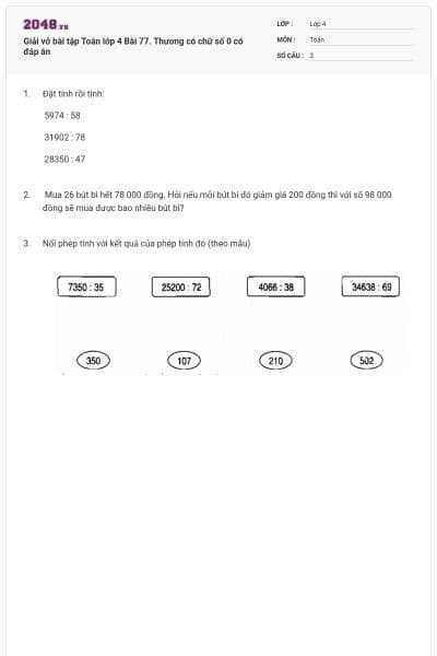 Giải vở bài tập Toán lớp 4 Bài 77. Thương có chữ số 0 có đáp án