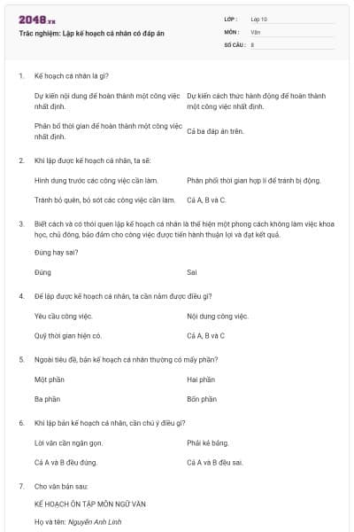 Trắc nghiệm: Lập kế hoạch cá nhân có đáp án
