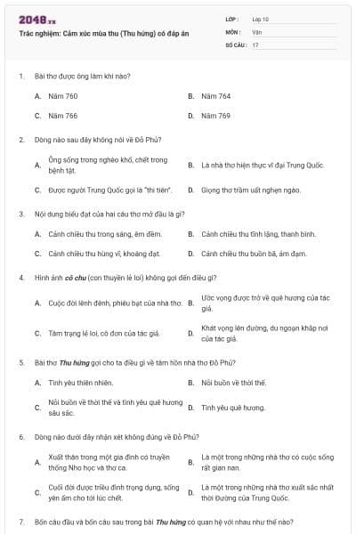 Trắc nghiệm: Cảm xúc mùa thu (Thu hứng) có đáp án