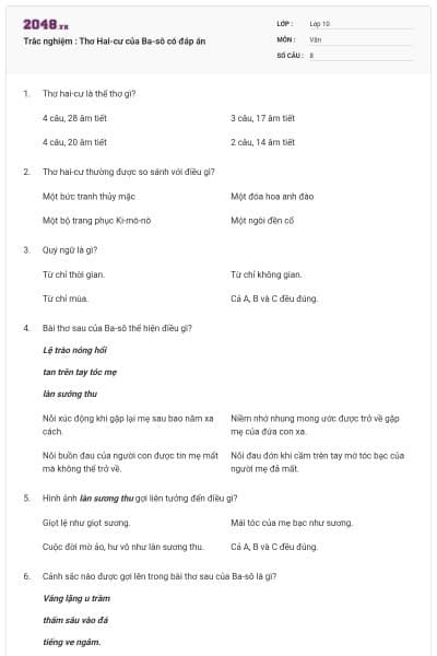 Trắc nghiệm : Thơ Hai-cư của Ba-sô có đáp án