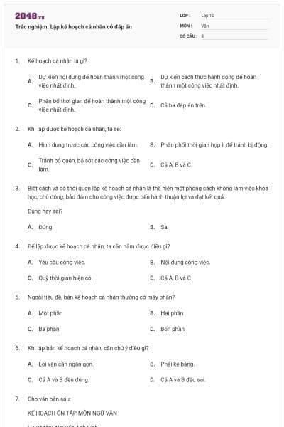 Trắc nghiệm: Lập kế hoạch cá nhân có đáp án