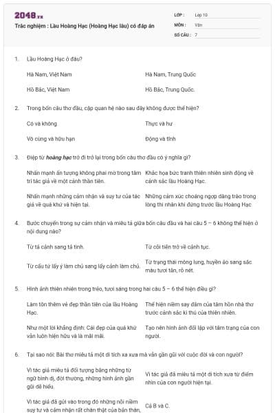 Trắc nghiệm : Lầu Hoàng Hạc (Hoàng Hạc lâu) có đáp án