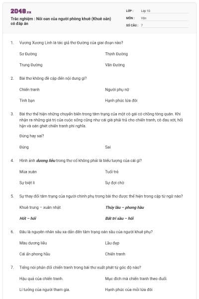 Trắc nghiệm : Nỗi oan của người phòng khuê (Khuê oán) có đáp án