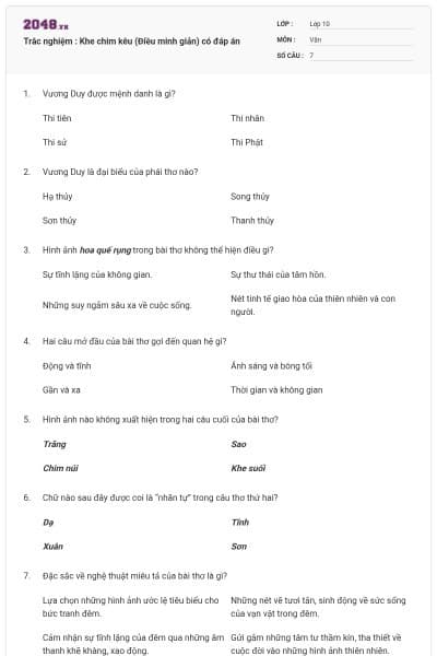 Trắc nghiệm : Khe chim kêu (Điều minh giản) có đáp án