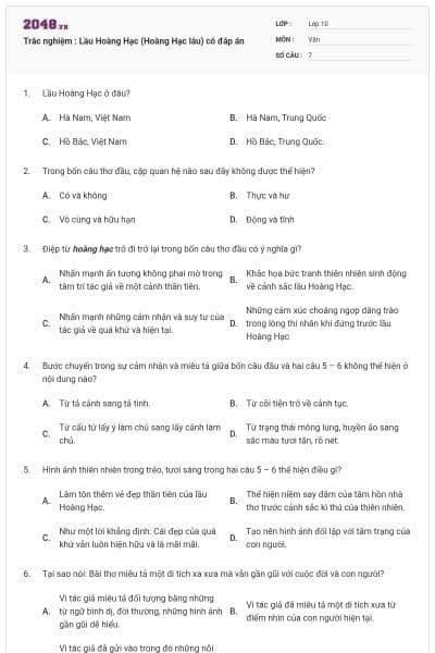 Trắc nghiệm : Lầu Hoàng Hạc (Hoàng Hạc lâu) có đáp án