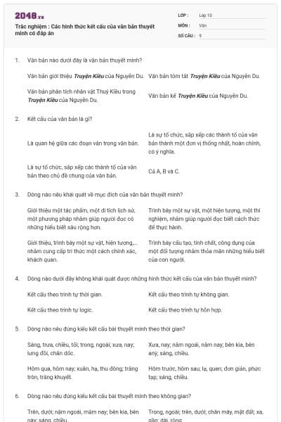 Trắc nghiệm : Các hình thức kết cấu của văn bản thuyết minh có đáp án