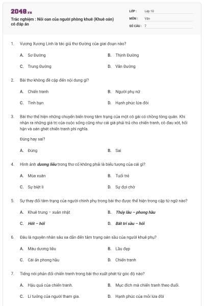 Trắc nghiệm : Nỗi oan của người phòng khuê (Khuê oán) có đáp án