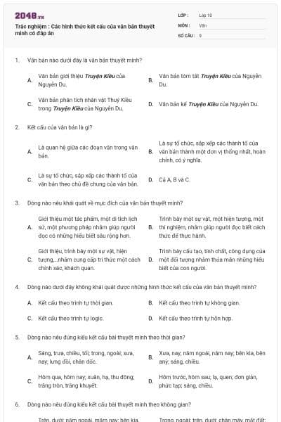 Trắc nghiệm : Các hình thức kết cấu của văn bản thuyết minh có đáp án