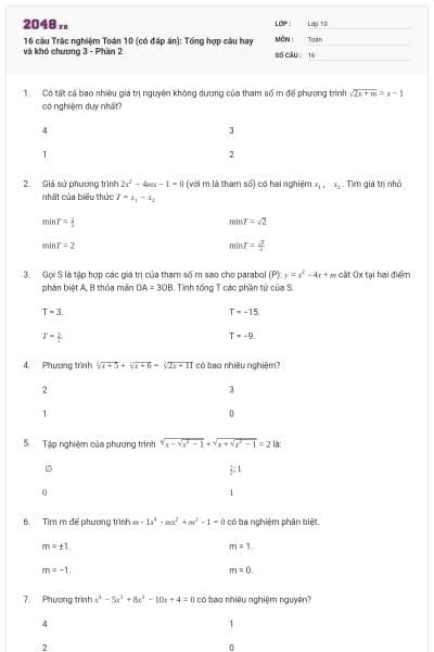 16 câu Trắc nghiệm Toán 10 (có đáp án): Tổng hợp câu hay và khó chương 3 - Phần 2