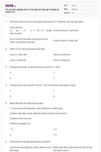 63 câu Trắc nghiệm Hóa 12 (có đáp án): Bài tập lí thuyết về nhôm (P1)