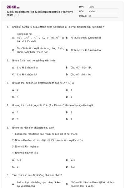 63 câu Trắc nghiệm Hóa 12 (có đáp án): Bài tập lí thuyết về nhôm (P1)