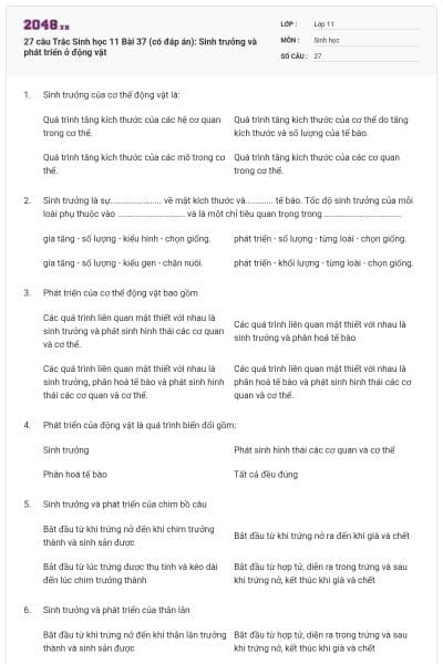 27 câu  Trắc Sinh học 11 Bài 37 (có đáp án): Sinh trưởng và phát triển ở động vật