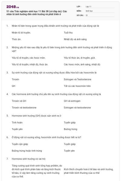 51 câu  Trắc nghiệm sinh học 11 Bài 38 (có đáp án): Các nhân tố ảnh hưởng đến sinh trưởng và phát triển ở