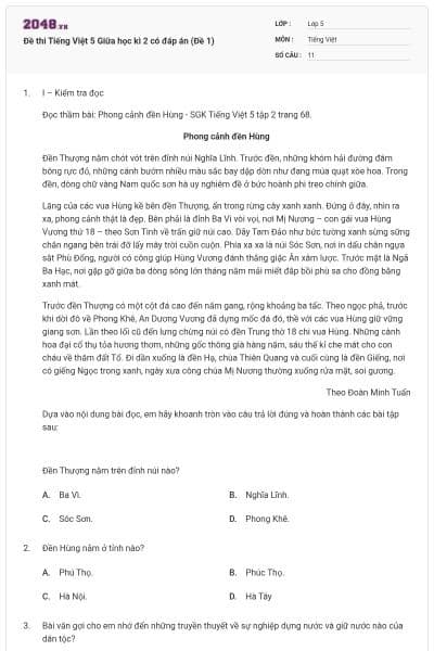 Đề thi Tiếng Việt 5 Giữa học kì 2 có đáp án (Đề 1)