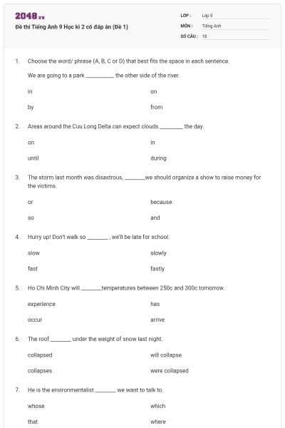 Đề thi Tiếng Anh 9 Học kì 2 có đáp án (Đề 1)