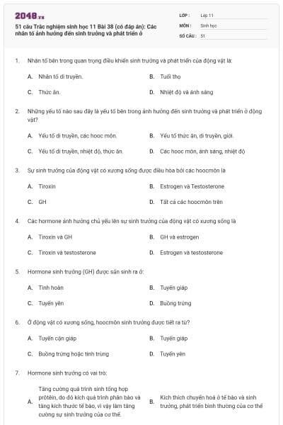 51 câu  Trắc nghiệm sinh học 11 Bài 38 (có đáp án): Các nhân tố ảnh hưởng đến sinh trưởng và phát triển ở