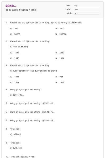 Đề thi Cuối kì 2 Toán lớp 4 (Đề 3)