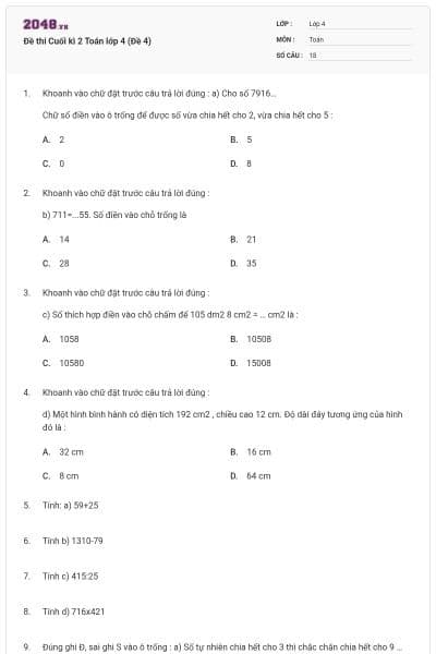 Đề thi Cuối kì 2 Toán lớp 4 (Đề 4)