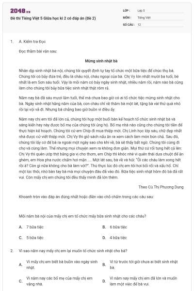 Đề thi Tiếng Việt 5 Giữa học kì 2 có đáp án (Đề 2)