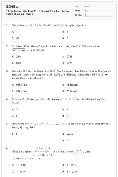 14 câu Trắc nghiệm Toán 10 (có đáp án): Tổng hợp câu hay và khó chương 3 - Phần 3