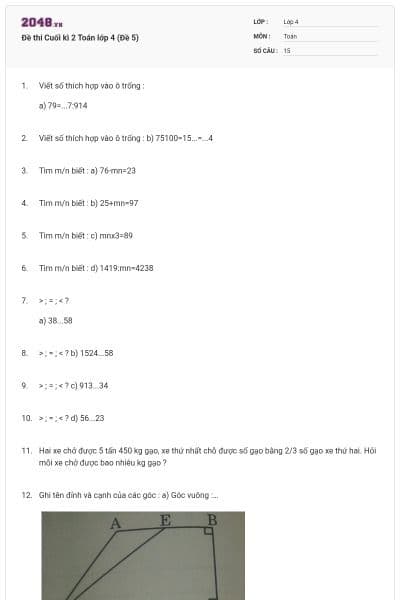 Đề thi Cuối kì 2 Toán lớp 4 (Đề 5)