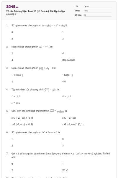 25 câu  Trắc nghiệm Toán 10 (có đáp án): Bài tập ôn tập chương 3