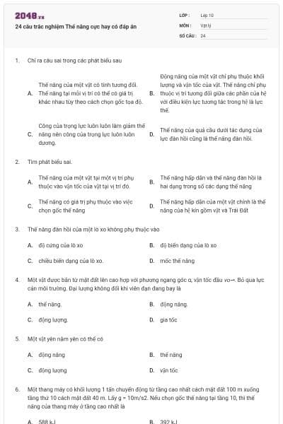 24 câu trắc nghiệm Thế năng cực hay có đáp án