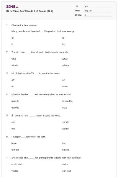 Đề thi Tiếng Anh 9 Học kì 2 có đáp án (Đề 2)