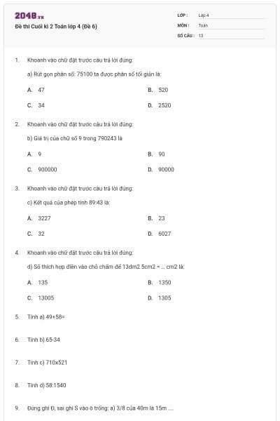 Đề thi Cuối kì 2 Toán lớp 4 (Đề 6)