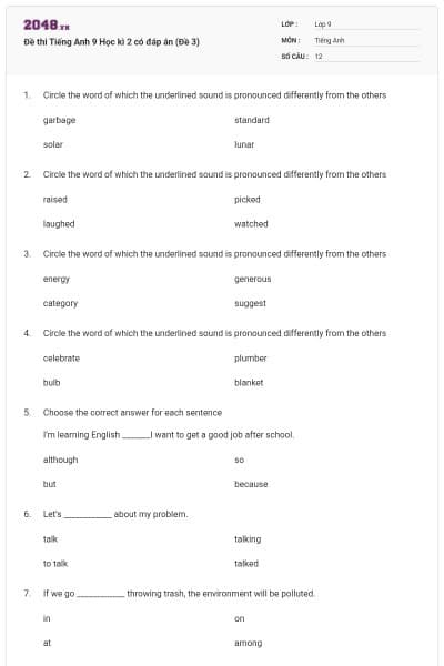 Đề thi Tiếng Anh 9 Học kì 2 có đáp án (Đề 3)