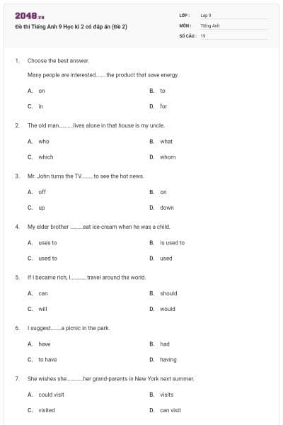 Đề thi Tiếng Anh 9 Học kì 2 có đáp án (Đề 2)