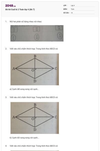 Đề thi Cuối kì 2 Toán lớp 4 (Đề 7)