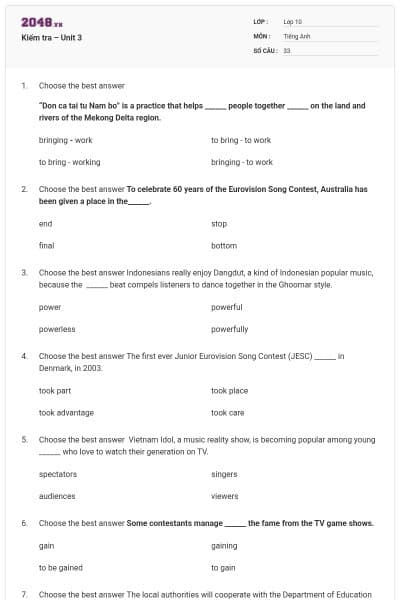 Kiểm tra – Unit 3