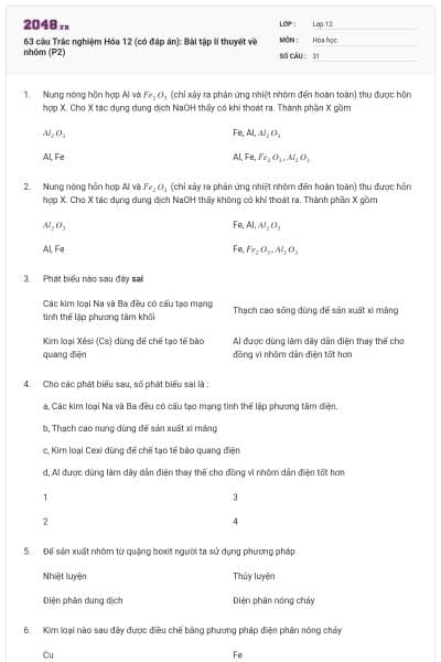 63 câu Trắc nghiệm Hóa 12 (có đáp án): Bài tập lí thuyết về nhôm (P2)