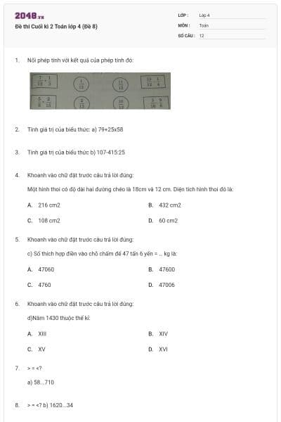 Đề thi Cuối kì 2 Toán lớp 4 (Đề 8)