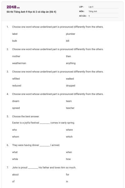 Đề thi Tiếng Anh 9 Học kì 2 có đáp án (Đề 4)