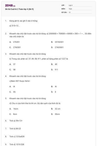 Đề thi Cuối kì 2 Toán lớp 4 (Đề 9)