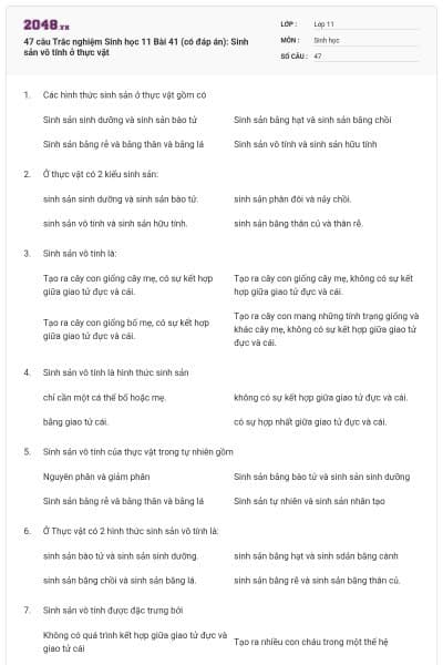 47 câu  Trắc nghiệm Sinh học 11 Bài 41 (có đáp án): Sinh sản vô tính ở thực vật