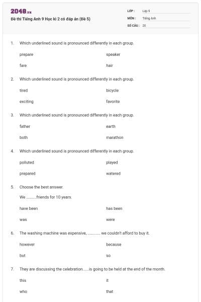 Đề thi Tiếng Anh 9 Học kì 2 có đáp án (Đề 5)